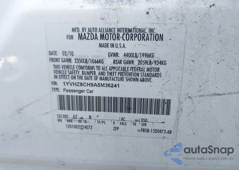 2010 Mazda Mazda6 I Touring Plus from USA, damaged, VIN 1YVHZ8CH9A5M36241